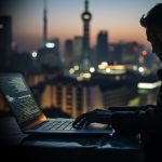 Person typing on a laptop at a dimly lit outdoor table with a blurred city skyline at dusk behind them.