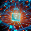 Cybersecurity theme: glowing padlock over tangled blue circuitry, signaling data protection and secure networks