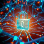 Cybersecurity theme: glowing padlock over tangled blue circuitry, signaling data protection and secure networks