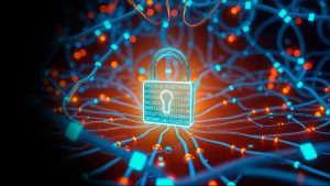 Cybersecurity theme: glowing padlock over tangled blue circuitry, signaling data protection and secure networks