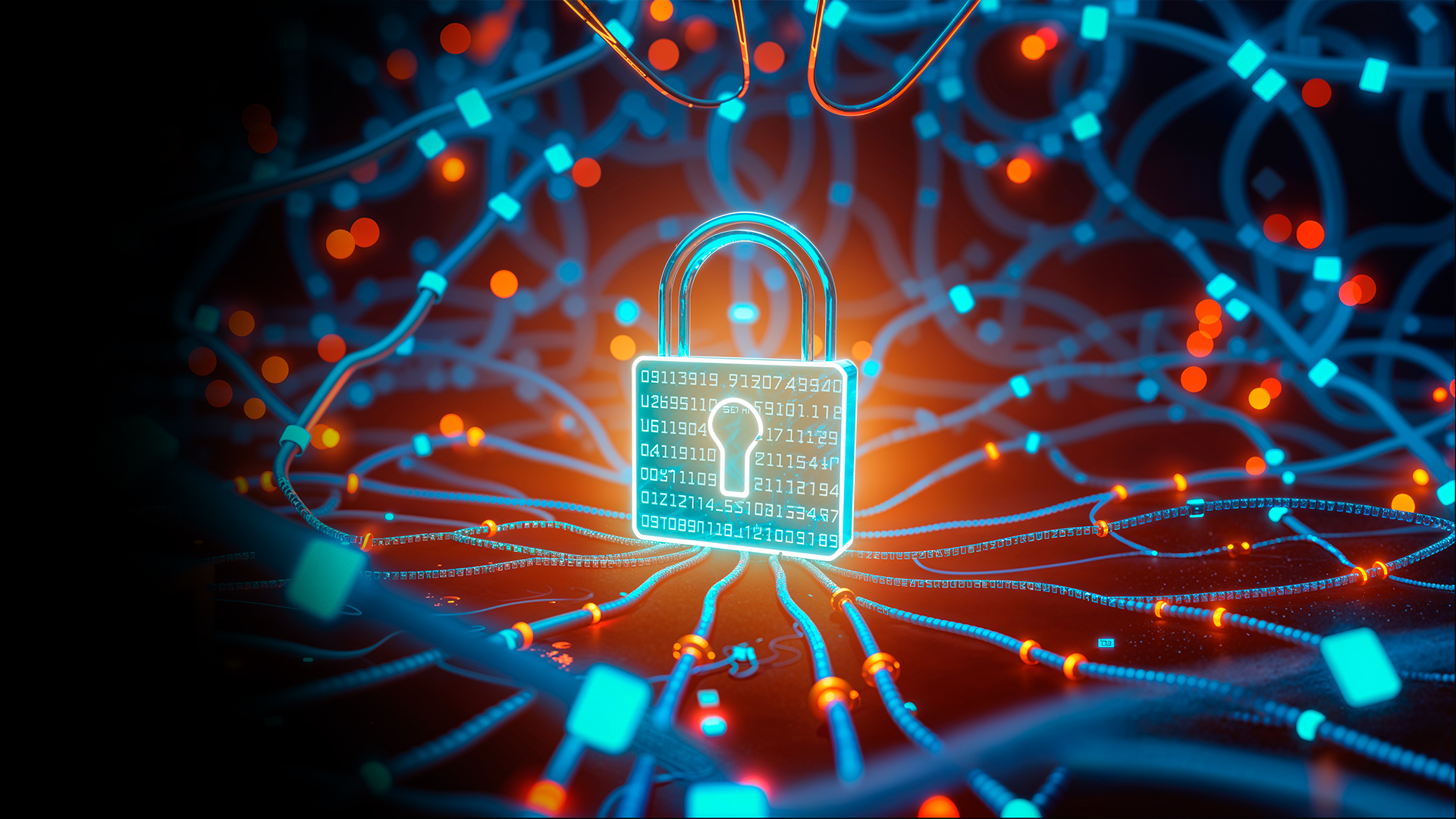Cybersecurity theme: glowing padlock over tangled blue circuitry, signaling data protection and secure networks