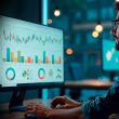 Man with glasses typing at a desk while a large monitor displays financial data dashboards and charts for analysis.