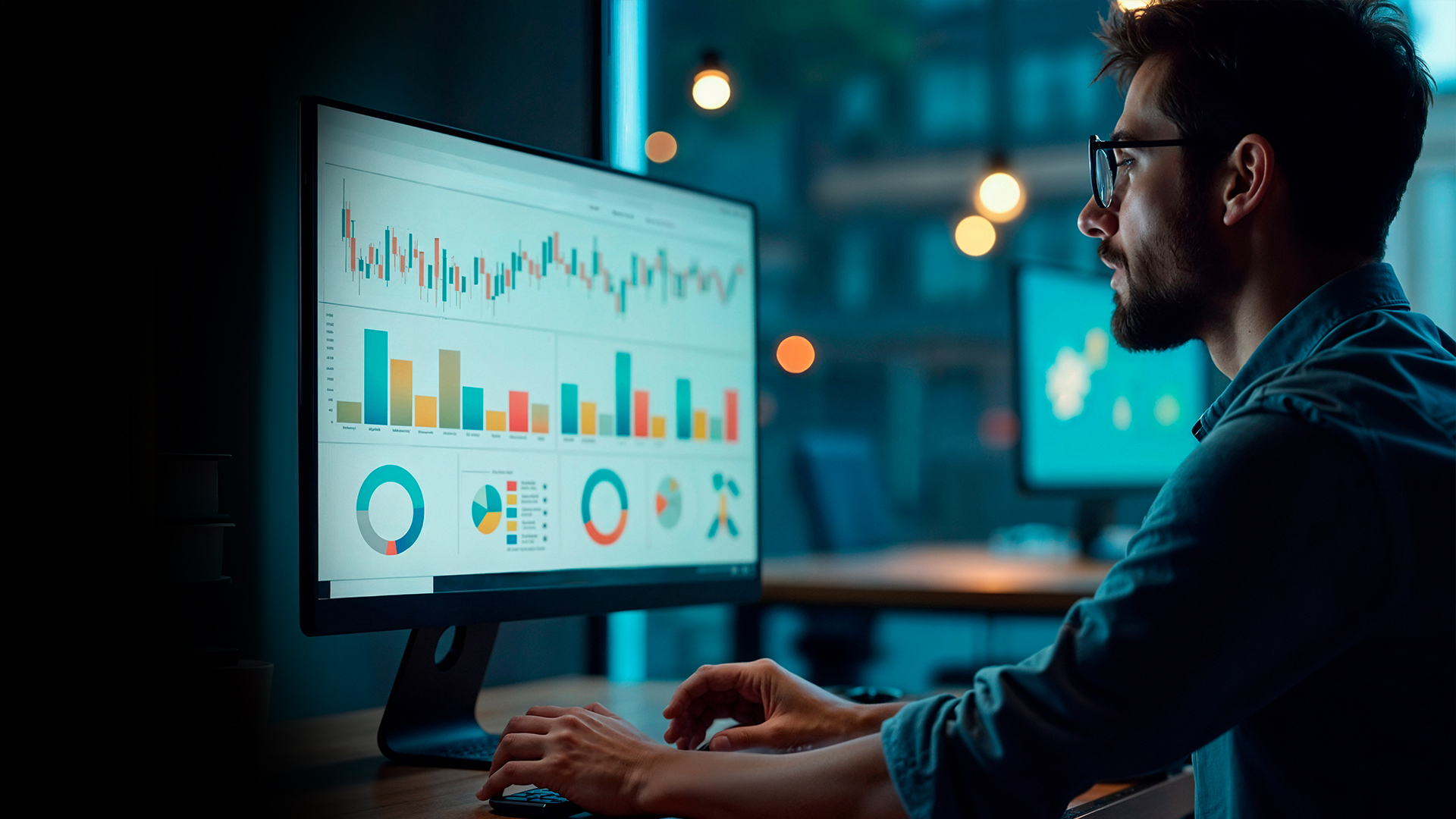 Man with glasses typing at a desk while a large monitor displays financial data dashboards and charts for analysis.